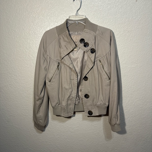 Daytrip Jackets & Blazers - Daytrip Women’s Taupe Utility Bomber Jacket w/ Zipper Pockets & Button Front